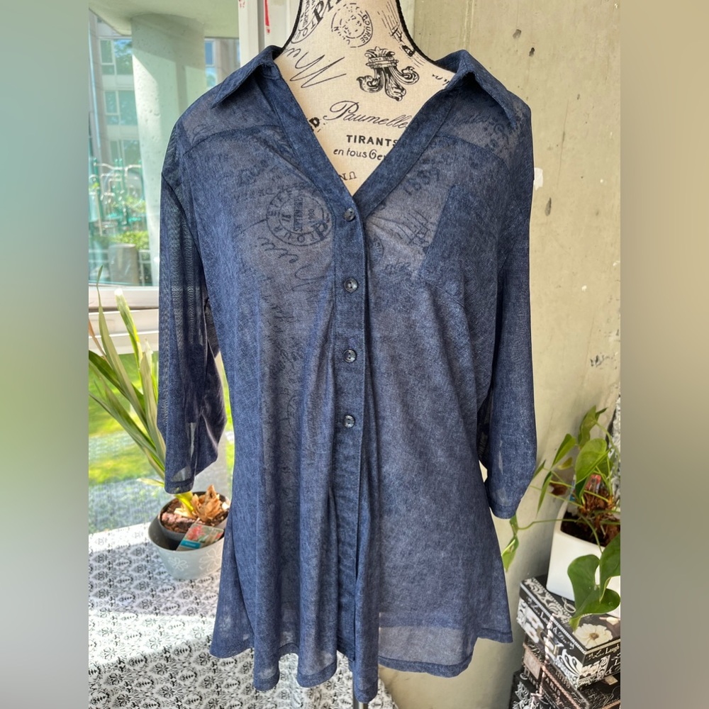 Siren Lily Sheer denim look button down blouse, size Large (0258) - Picture 1 of 6